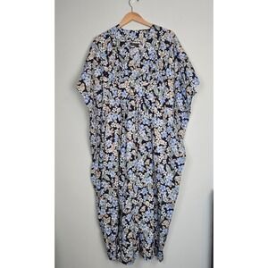 VTG Tropical Eve Hawaii One Size Maxi Dress Kaftan Blue Scenic Floral Muumuu‎